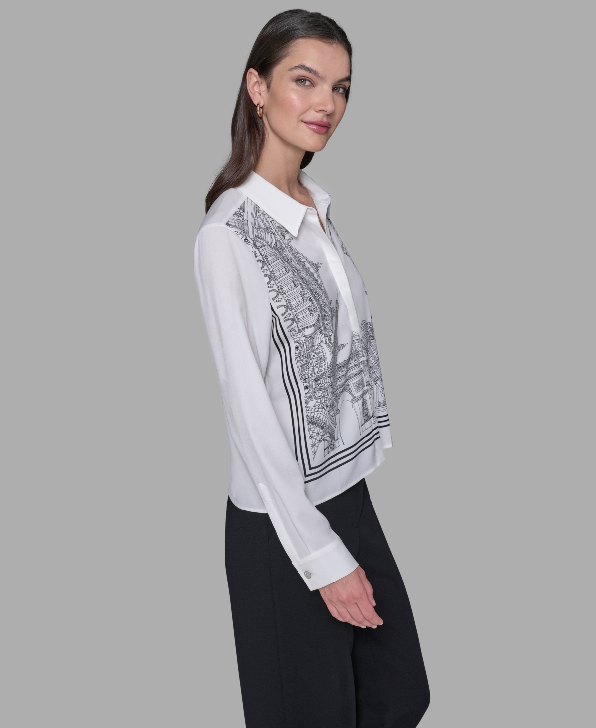 Karl Lagerfeld Women's Placed Print Button Down Top In White