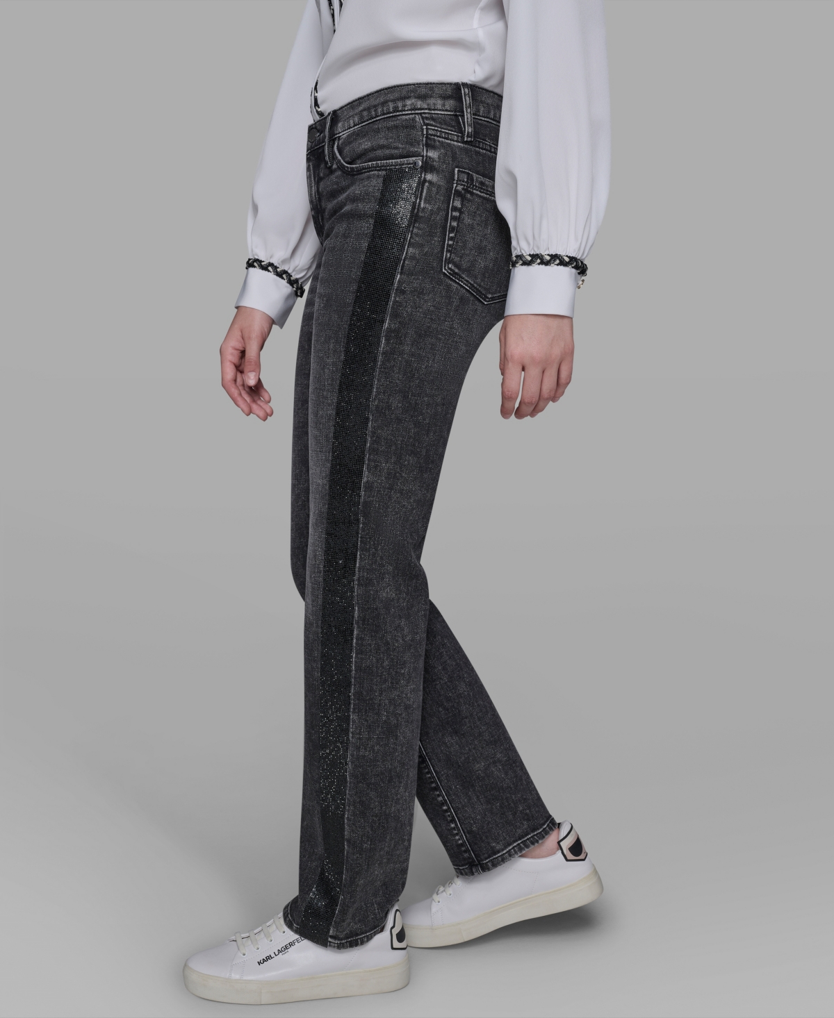 Karl Lagerfeld Women's Rhinestone-stripe Straight-leg Jeans In Gray