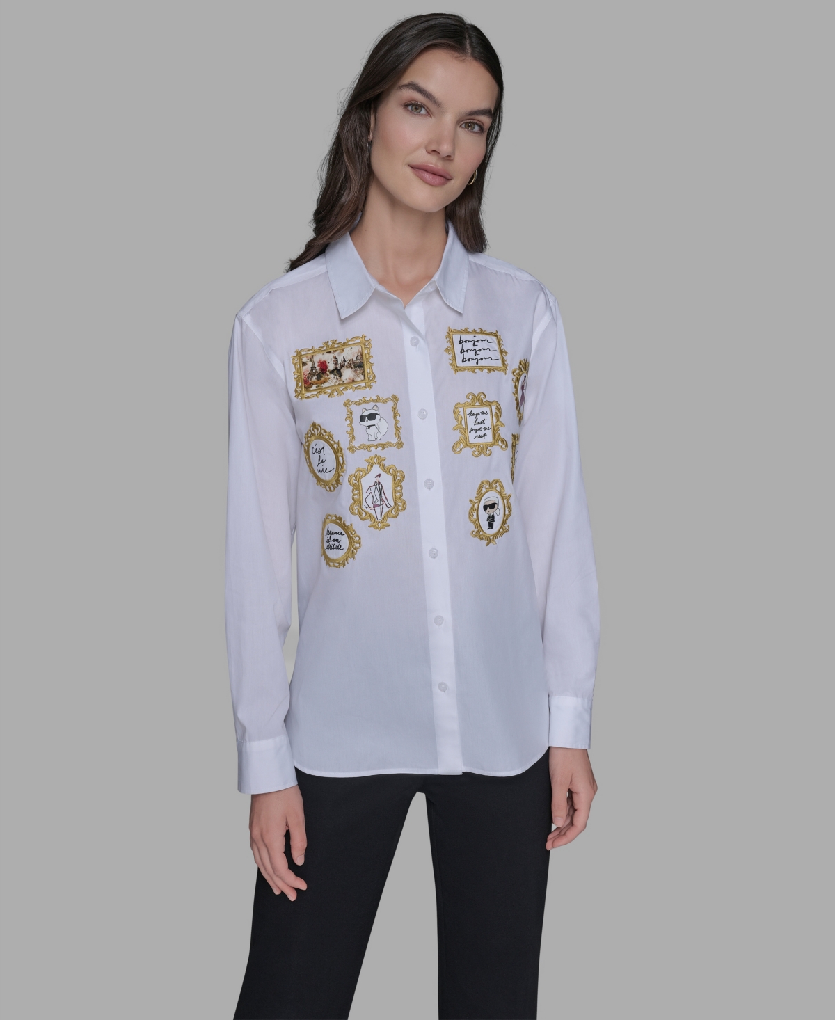 Karl Lagerfeld Women's Portrait Button Down Top In White