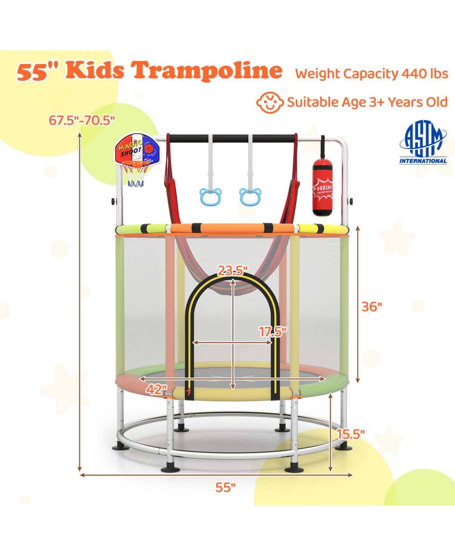 Kids Ages 3-6 6-in-1 Trampoline with Safety Net
