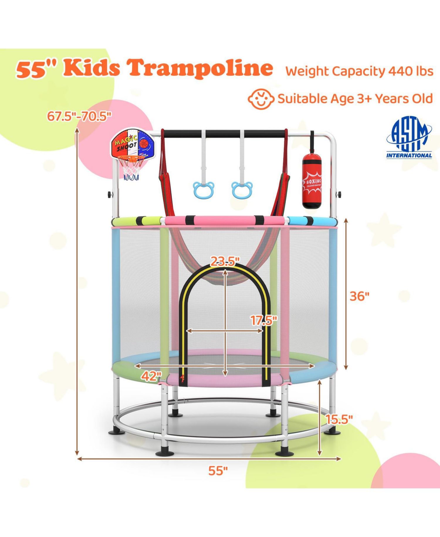 Kids Ages 3-6 6-in-1 Trampoline with Safety Net