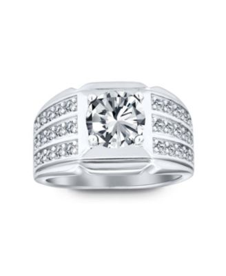 3 Row Pave Cubic Zirconia Wide Side Band 3CTW CZ Solitaire Statement Ring Silver Plated