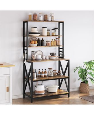 64.5"H 6-Tier Metal & Particleboard Wine Rack, 10 Hooks, Power Outlets, Adjustable Feet Rustic Baker s Rack