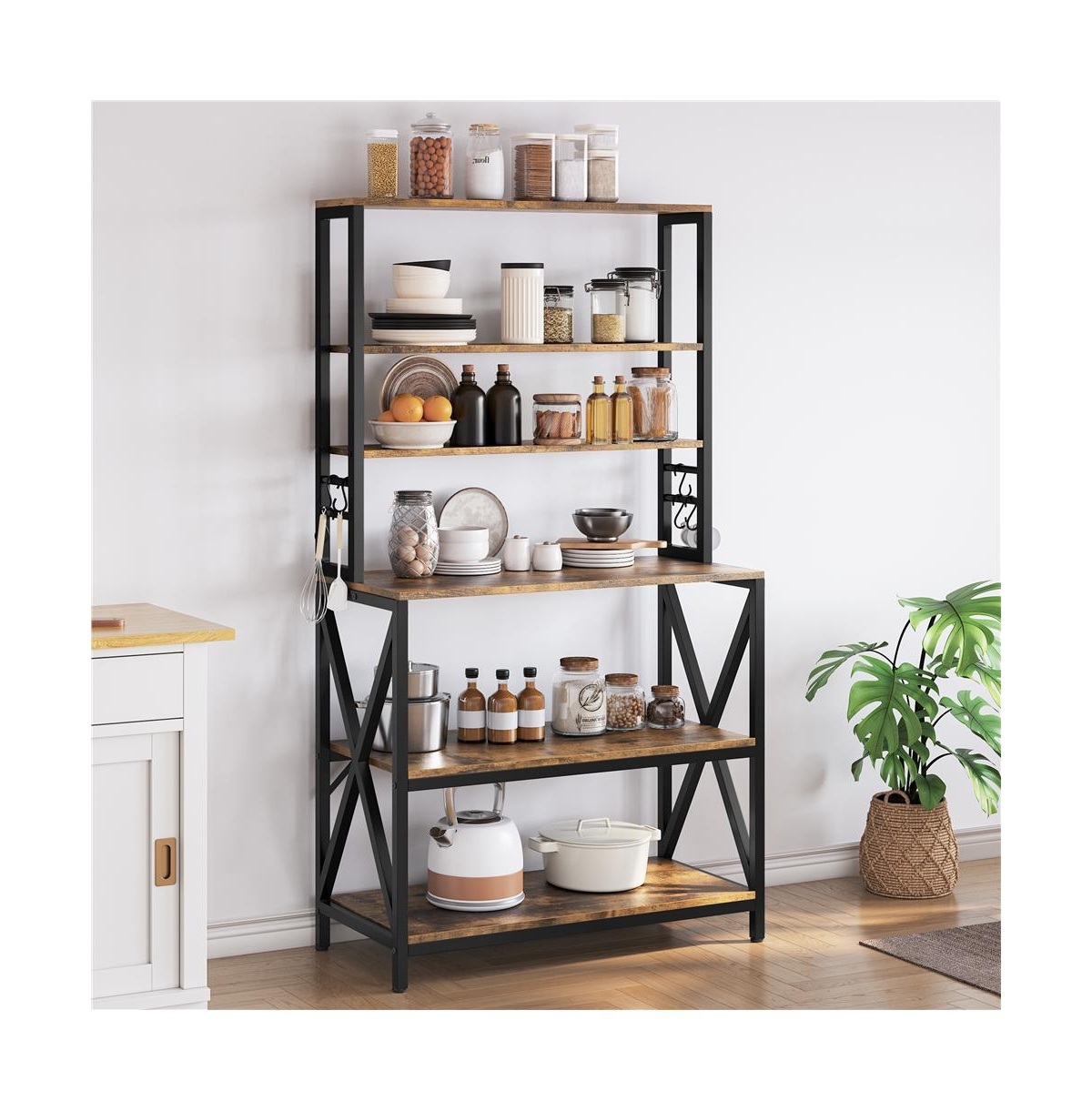 Yaheetech 64.5"H 6-Tier Metal & Particleboard Wine Rack, 10 Hooks, Power Outlets, Adjustable Feet Rustic Baker s Rack