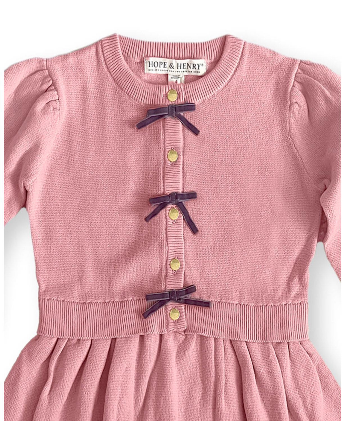 Hope & Henry Little Girls Organic Button Front Bow Detail Sweater Dress