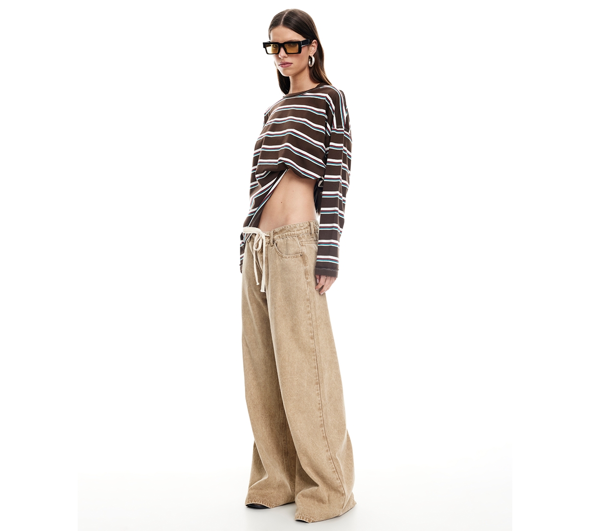 Lioness Horizon Asymmetric Long Sleeve Top In Brown