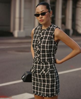 Women's Windowpane Tweed Sleeveless Crop Top