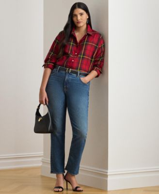 Plus Size Relaxed Fit Checked Plaid Cotton Shirt