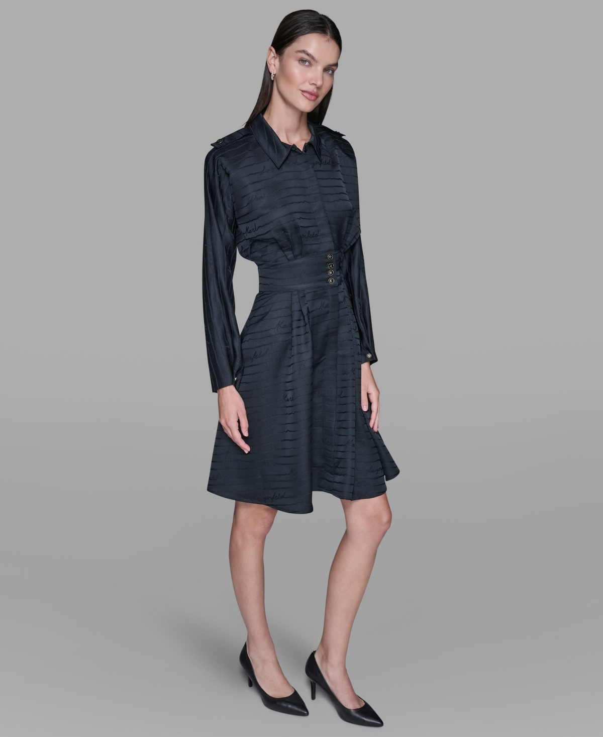 Karl Lagerfeld Women's Tonal Long Sleeve Collared Jacquard Dress In Black