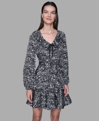 Women's Printed Satin Ruffle V-Neck Dress