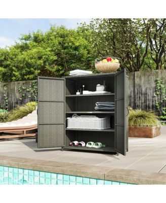 Wicker Outdoor Storage Cabinet with Shelves, 2 Doors, Dark