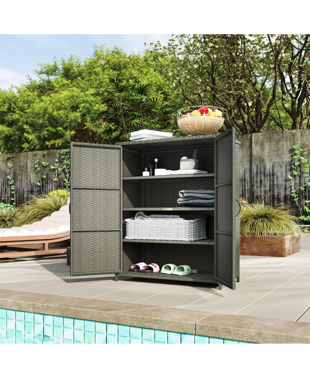 Outsunny Wicker Outdoor Storage Cabinet with Shelves, 2 Doors, Dark