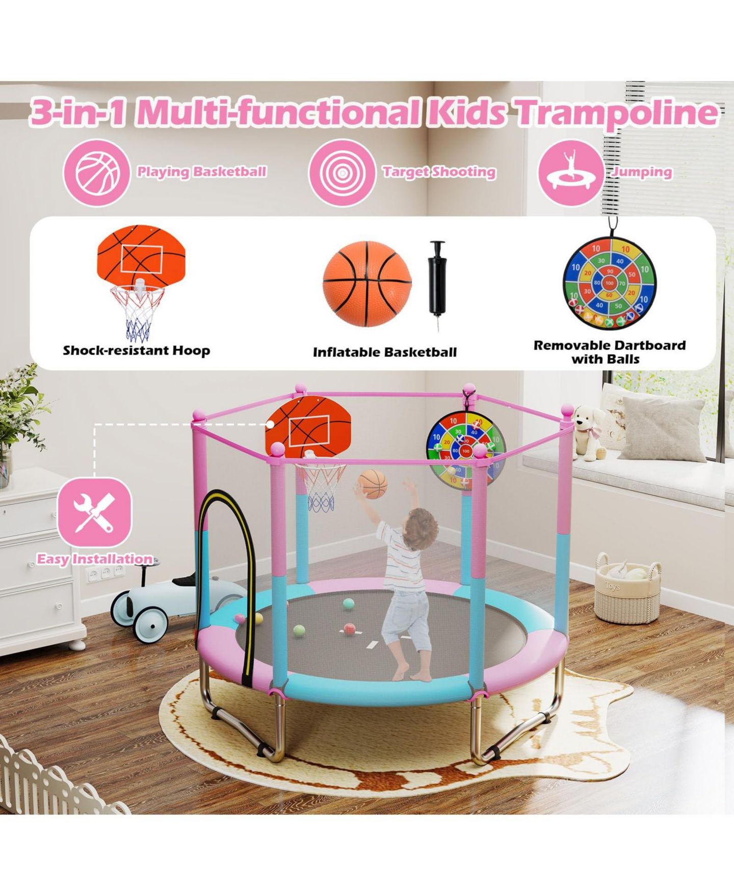 Детская игрушка Mecale 60-Inch 3-in-1 Kids Trampoline with Basketball Hoop, Ages 3-6, цвет: Розовый — фото 5