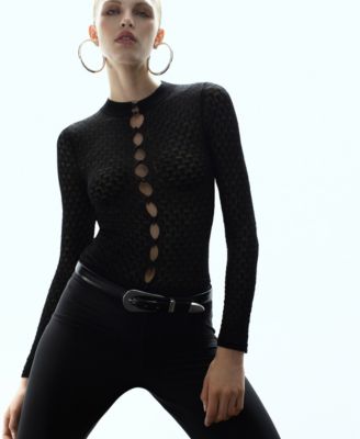 MANGO - Women's Beading Detail Openwork Knit Sweater