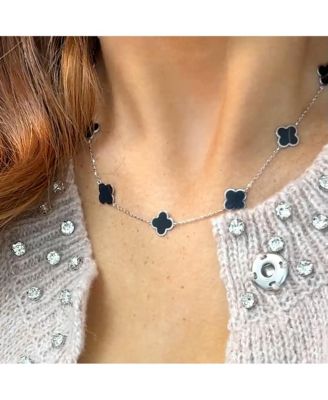 Small Onyx Clover Necklace 14K White Gold