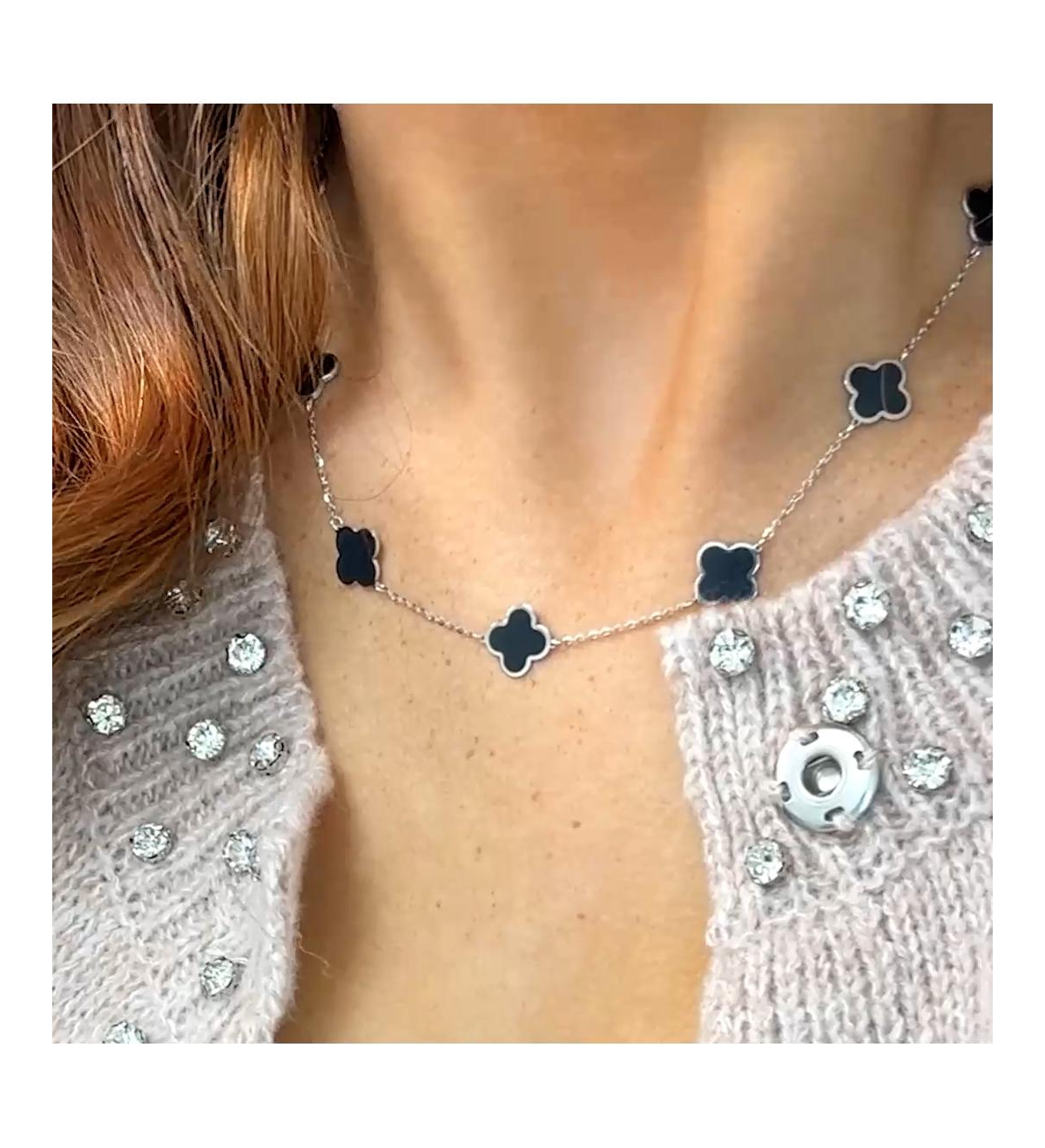 The Lovery Onyx Clover Necklace 14K White Gold