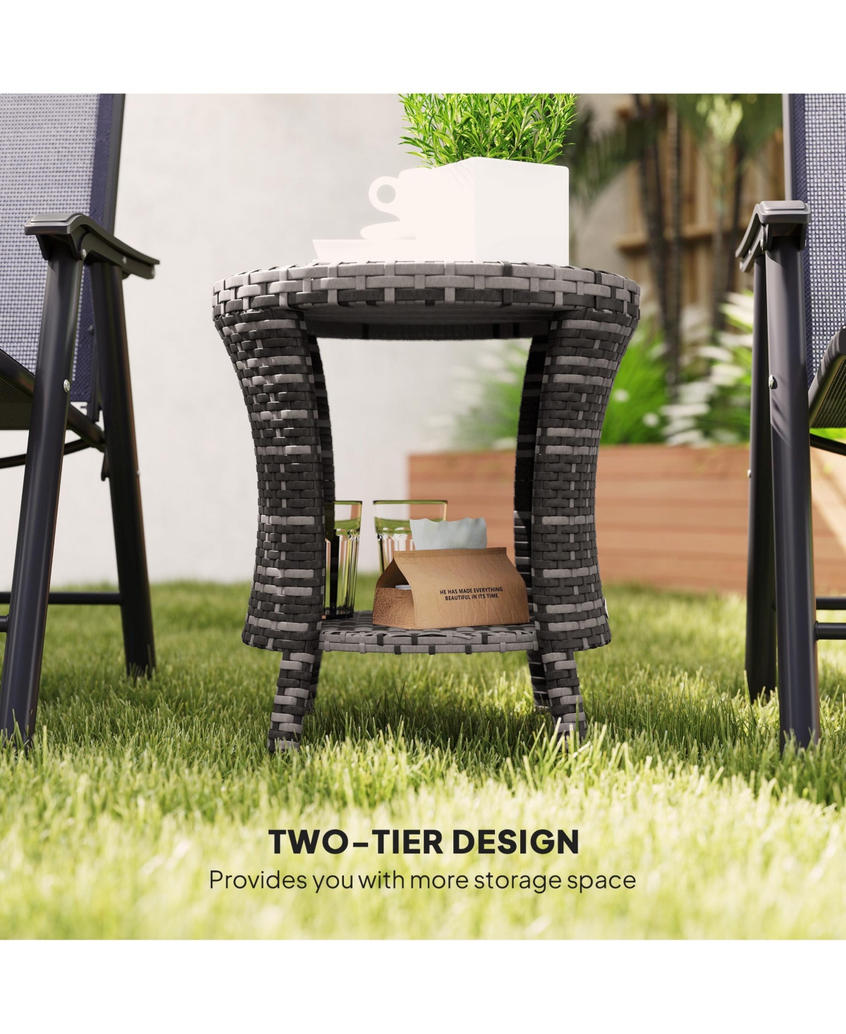 Outsunny 18" Wicker Table, 2-Tier Outdoor Side Mixed