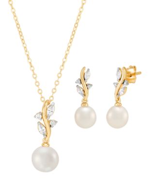 Macy's - 2-Pc. Cultured Freshwater Pearl (7-8mm) and White Cubic Zirconia Drop Earrings and Pendant Necklace Set in 14K Yellow Gold Over Sterling Silver