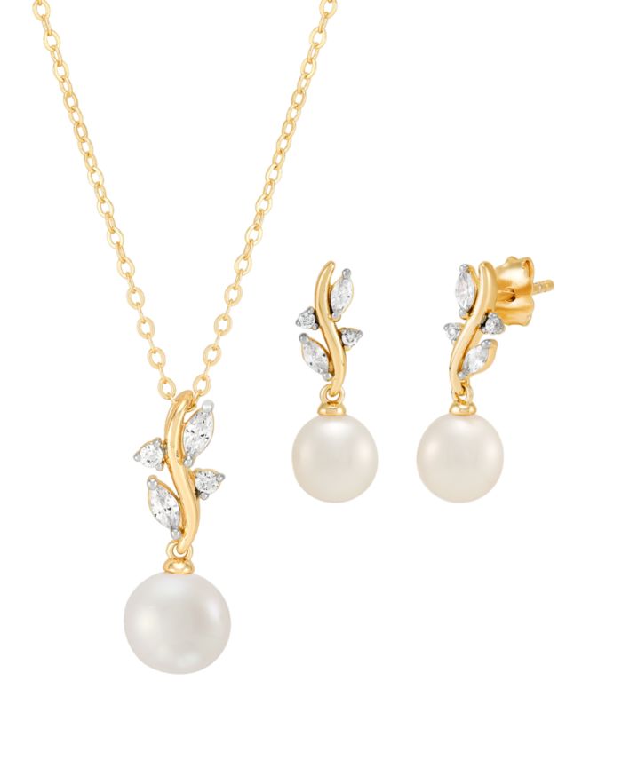 2-Pc. Cultured Freshwater Pearl (7-8mm) & White Cubic Zirconia Drop