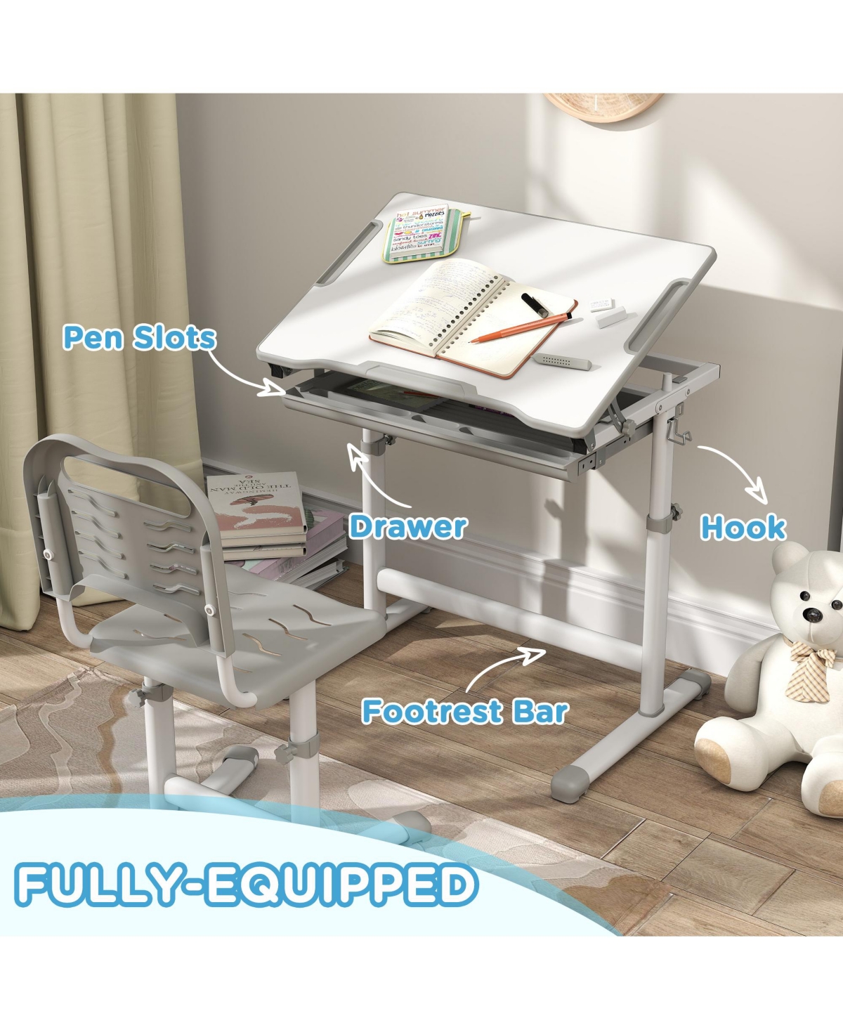 Qaba Height Adjustable Kids Desk and Chairs Set with Tilt Desktop,