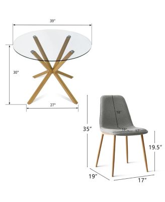 5-Piece Oak Finish Modern Round Glass Dining Set