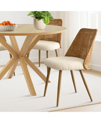 5-Piece Round Glass Dining Set, Modern Kitchen Table with Oak Finish Metal Legs and 4 Upholstered Chairs for Small Spaces