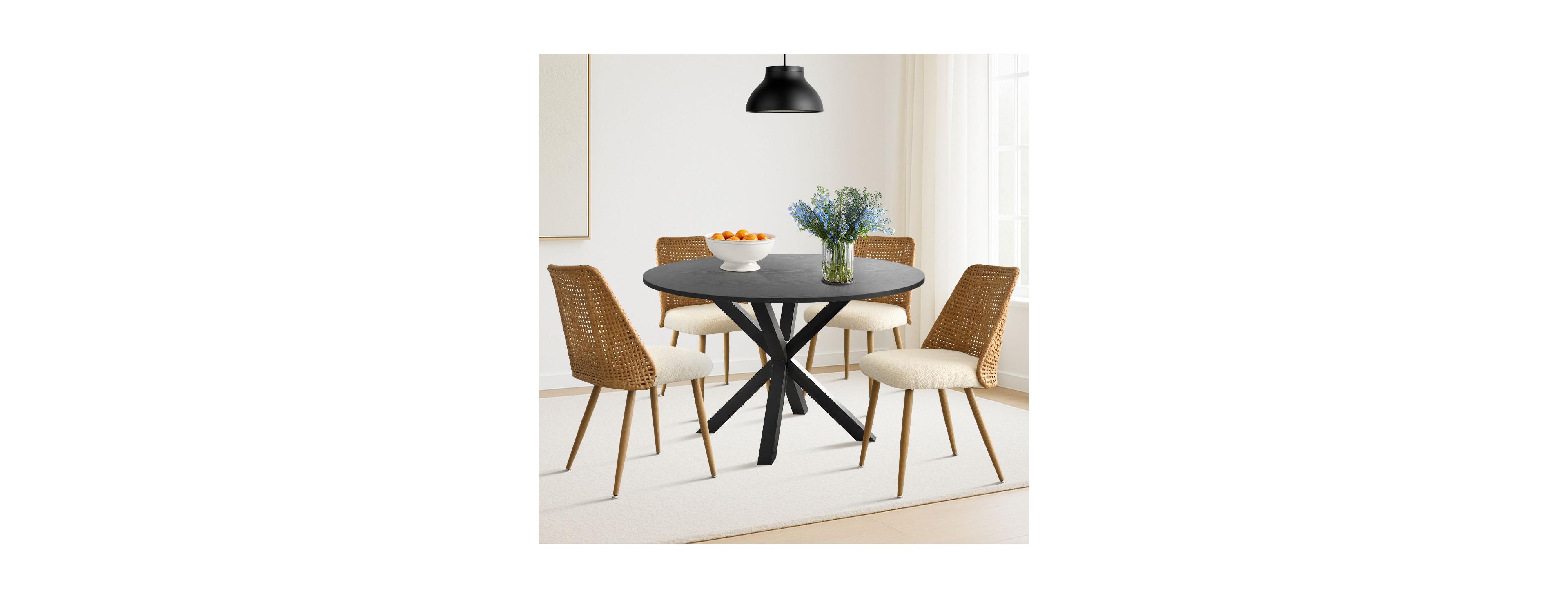Maison Boucle 5-Piece Round Glass Dining Set, Modern Kitchen Table with Oak Finish Metal Legs and 4 Upholstered Chairs for Small Spaces
