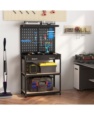Tool Storage Workbench with Pegboard with 14 Hanging Accessories for Garage-Black and Blue