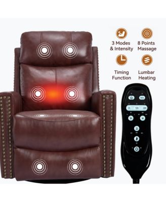 Genuine Leather Heat Massage Manual Recliner Chair with Rocker and Swivel for Living Room