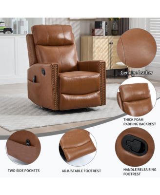 Genuine Leather Heat Massage Manual Recliner Chair with Rocker and Swivel for Living Room