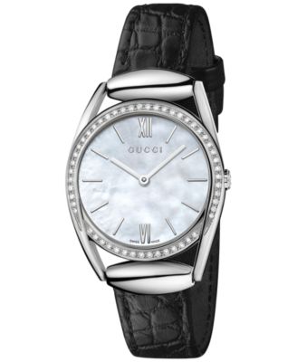 Gucci Women's Swiss Horsebit Diamond (1/3 Ct. T.w.) Black Leather Strap ...