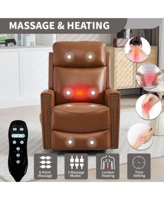 Genuine Leather Heat Massage Manual Recliner Chair with Rocker and Swivel for Living Room