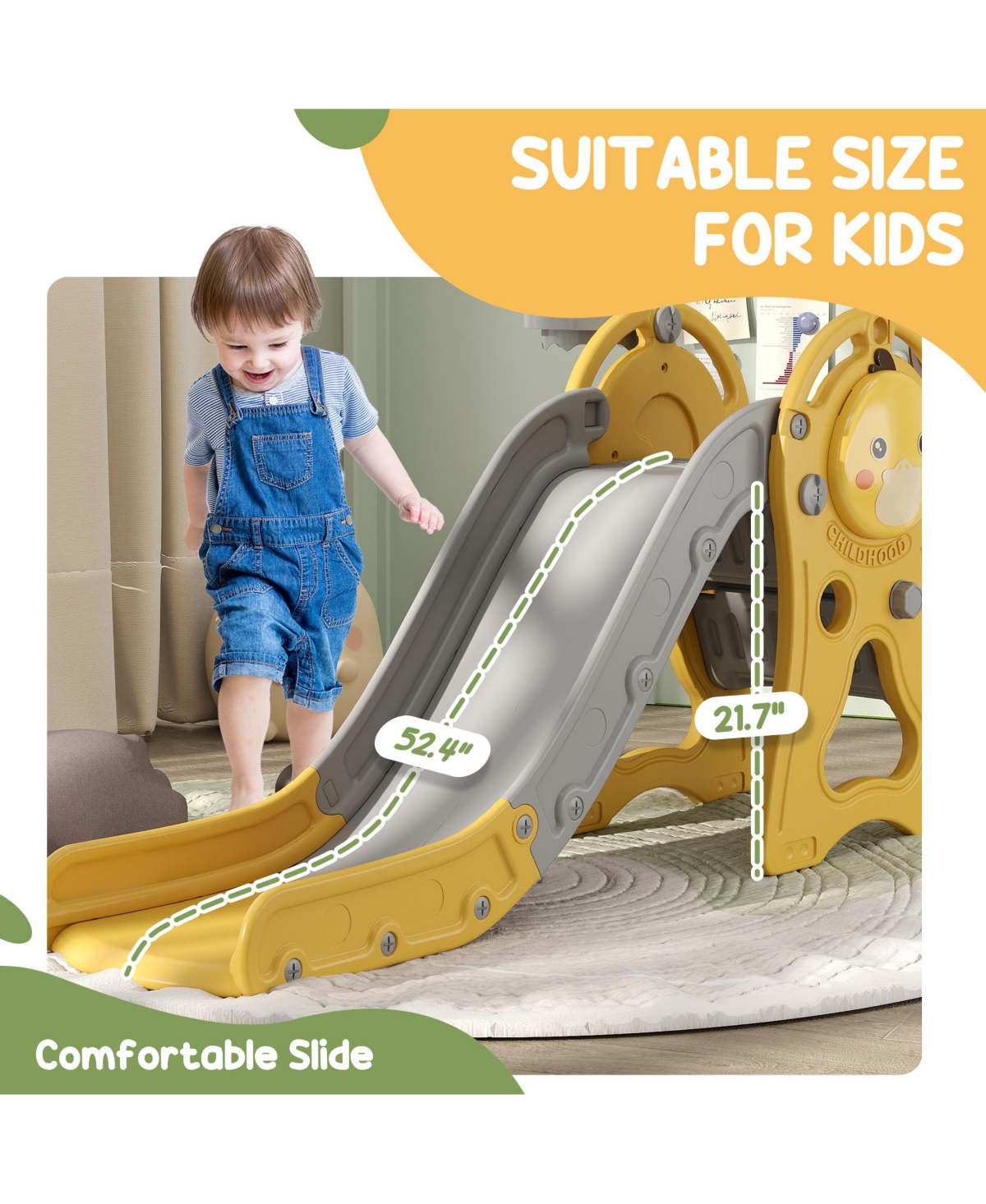 Qaba 3 in 1 Toddler Slide with Basketball Hoop for Kids 1-3 Years, Yellow