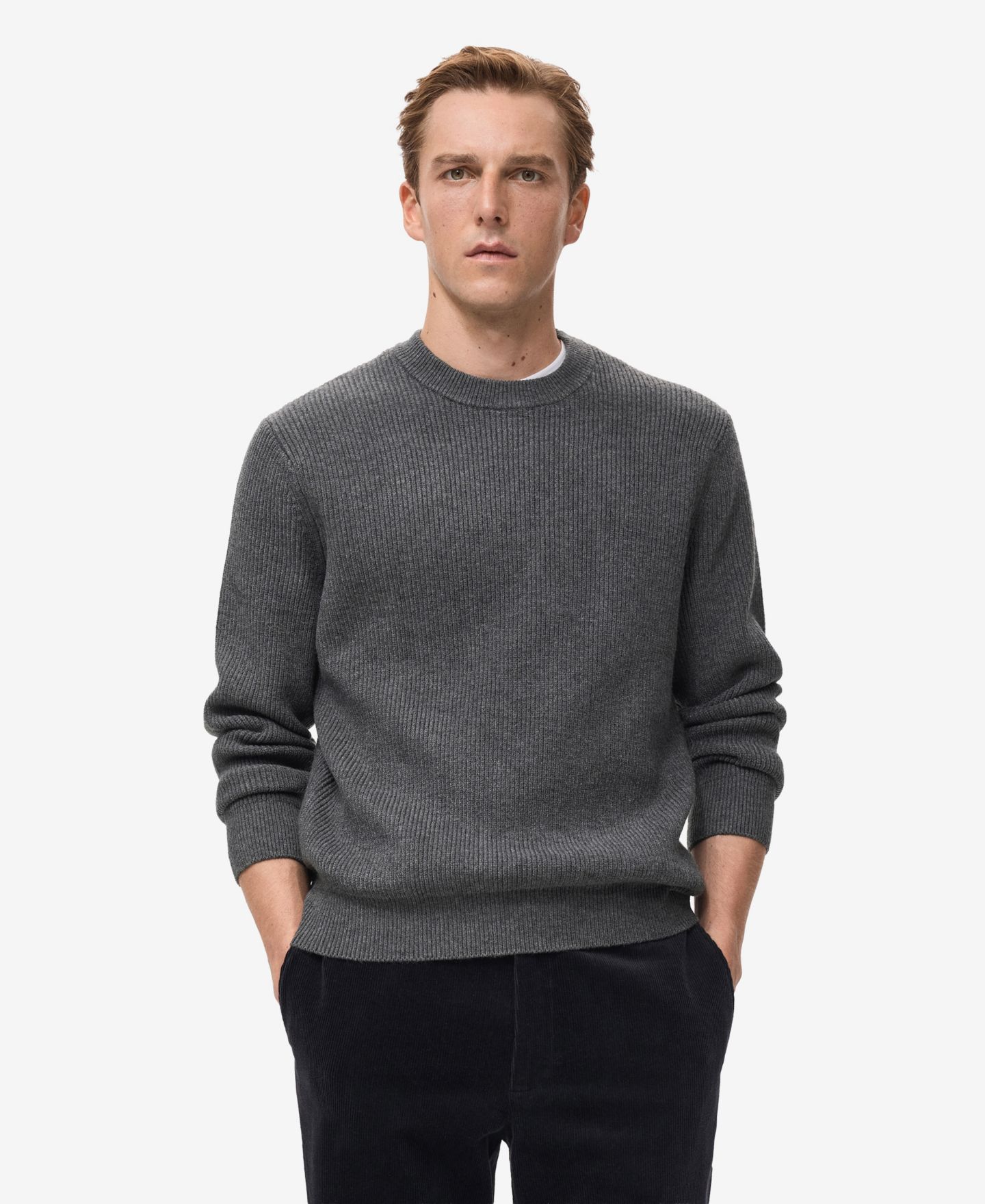 Мужской свитер MANGO Ribbed Wool-Blend, цвет: Тёмный меланжевый серый — фото 1
