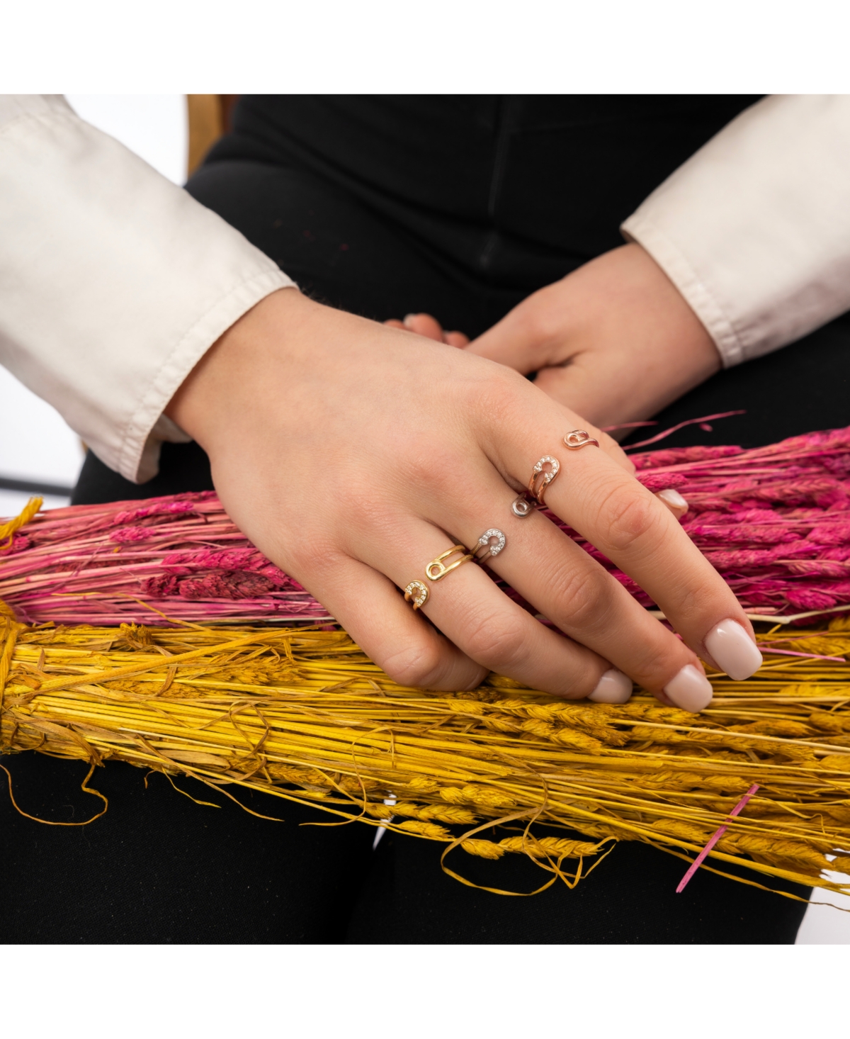 Sterling Silver Pave Jewelled Safety Pin Ring