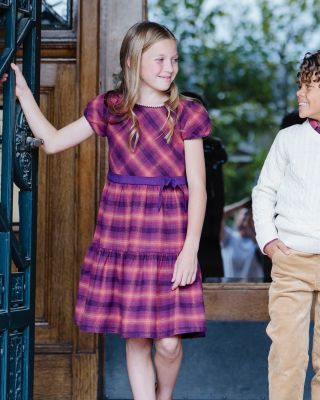 Toddler Girls Organic Puff Sleeve Tiered Flannel Dress with Sash