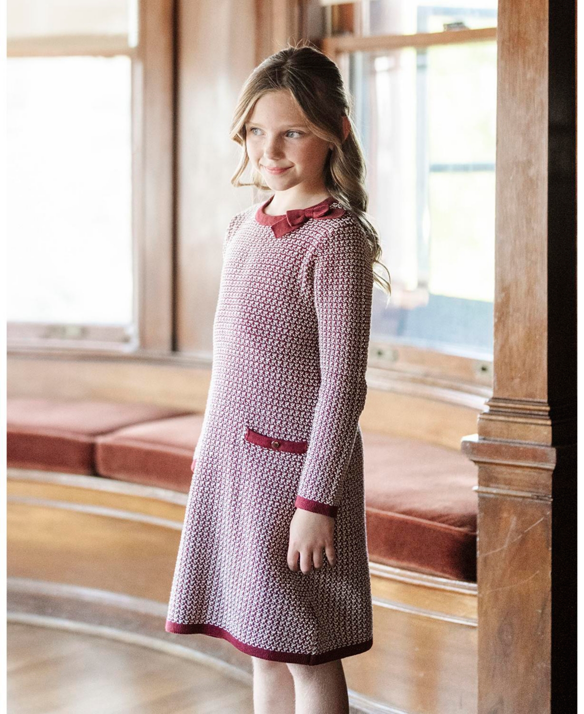Hope & Henry Toddler Girls Organic Long Sleeve Bow Detail Tweed Sweater Dress