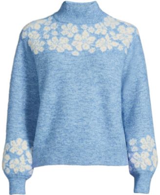 Women's Fuzzy Turtleneck Lantern Sleeve Jacquard Sweater