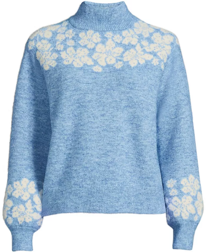 Women's Fuzzy Turtleneck Lantern Sleeve Jacquard Sweater - thumbnail 3