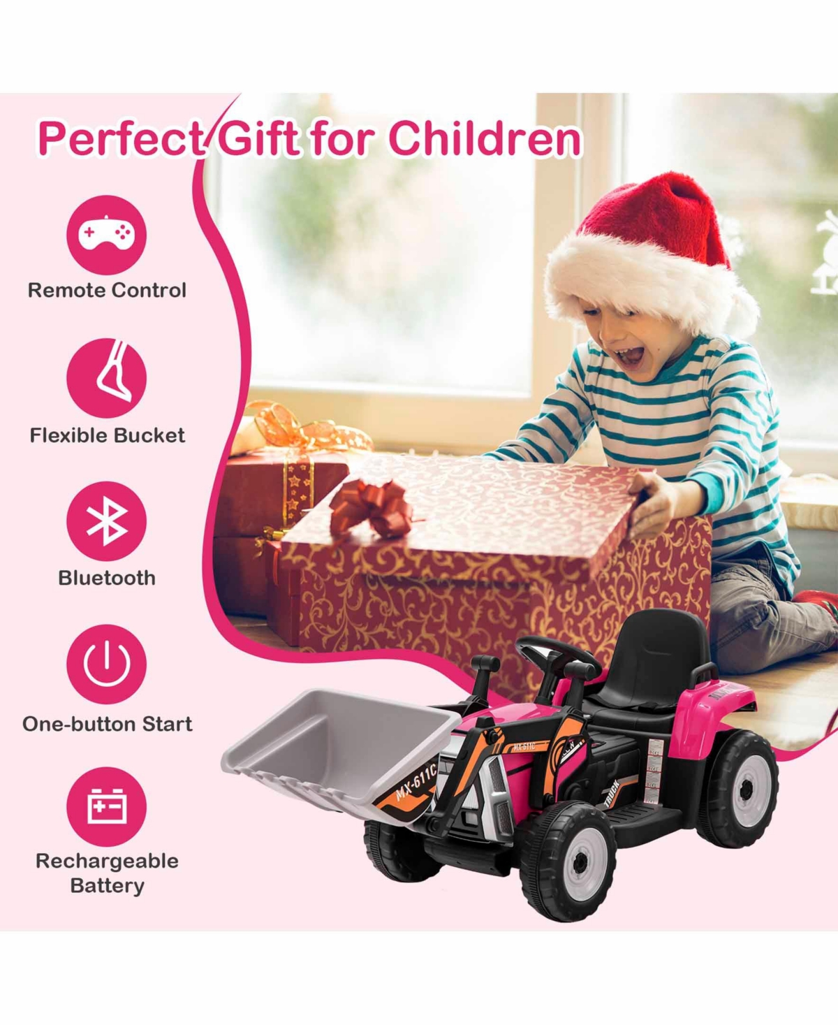 Sugift 12V Battery Powered Kids Ride on Excavator with Adjustable Arm and Bucket-Pink