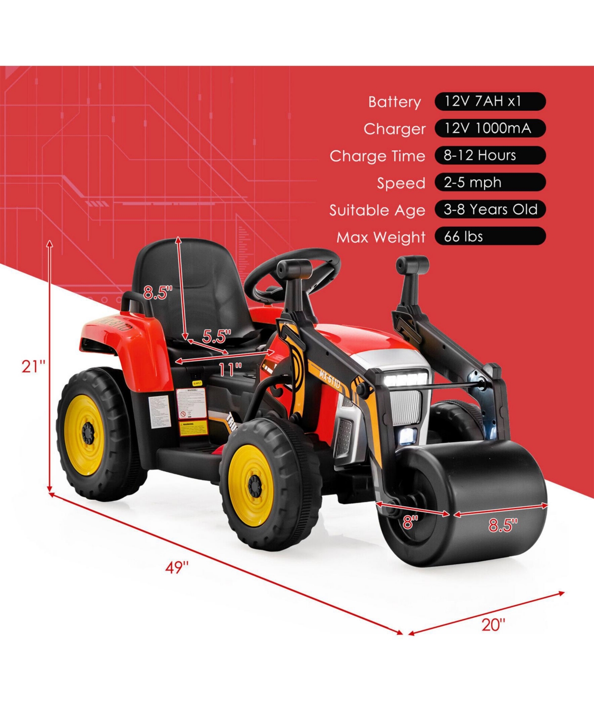 Sugift 12V Kids Ride on Road Roller with 2.4G Remote Control-Red
