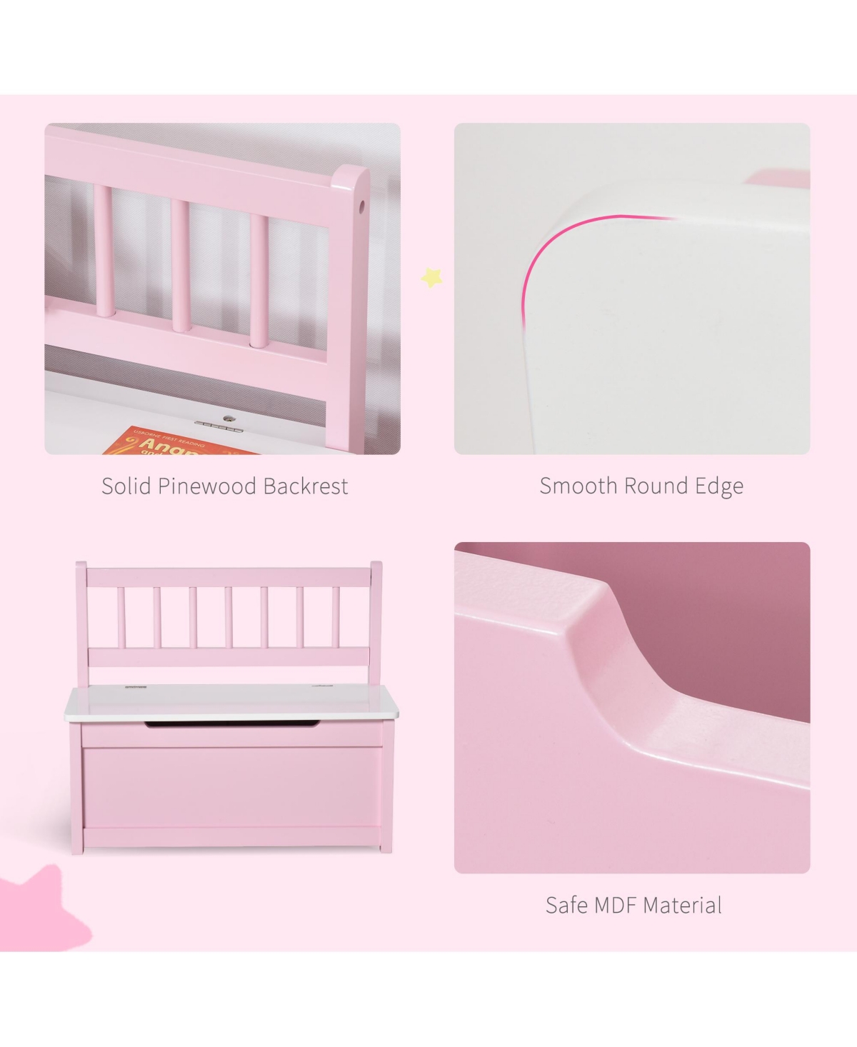 Qaba 2-in-1 Wooden Toy Box Kids Seat Bench Storage Chest w/ Pneumatic Rod