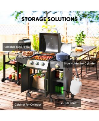 3 Burner Gas Grill with Side Burner and Shelves, Propane BBQ Grill