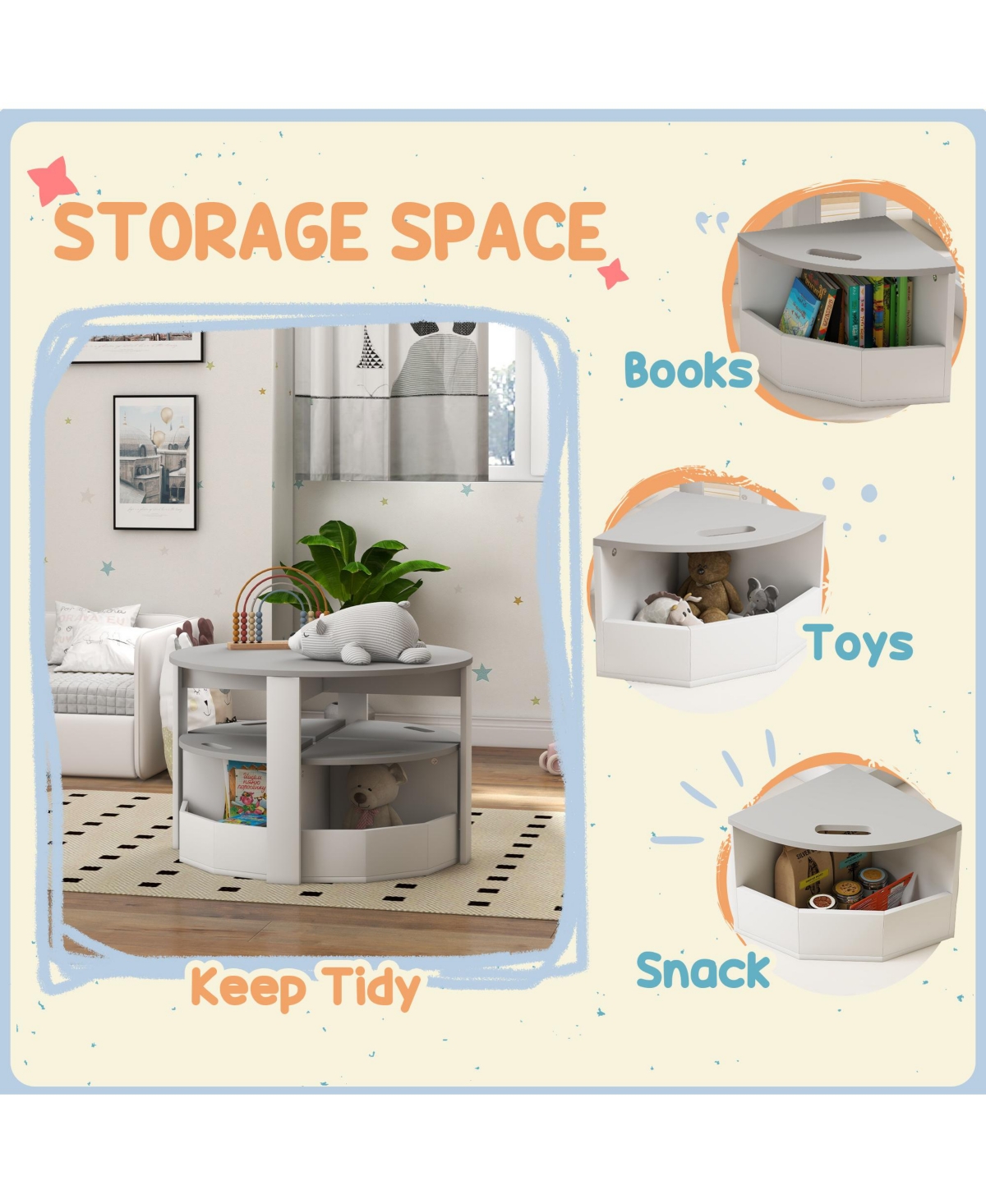 Qaba 5 Piece Kids Table and Chairs Set with Storage for Activities, Gray