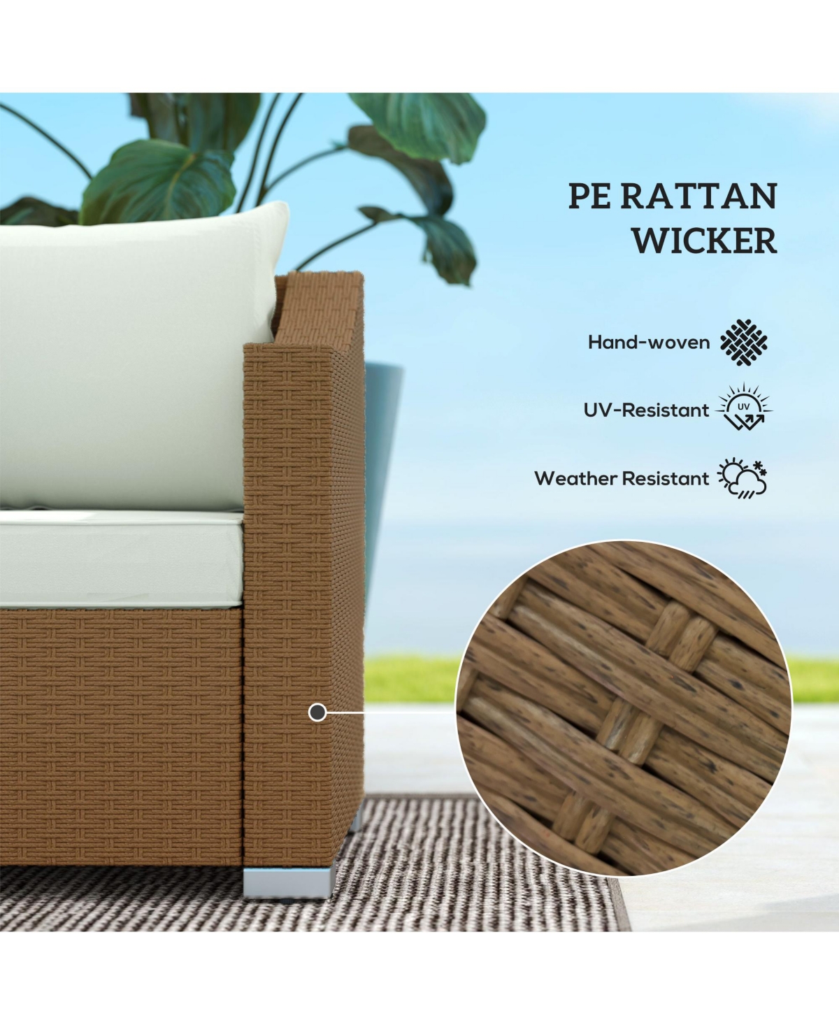 Outsunny 3 Seater Patio Sofa, Wicker Couch with Cushions, Pillows,