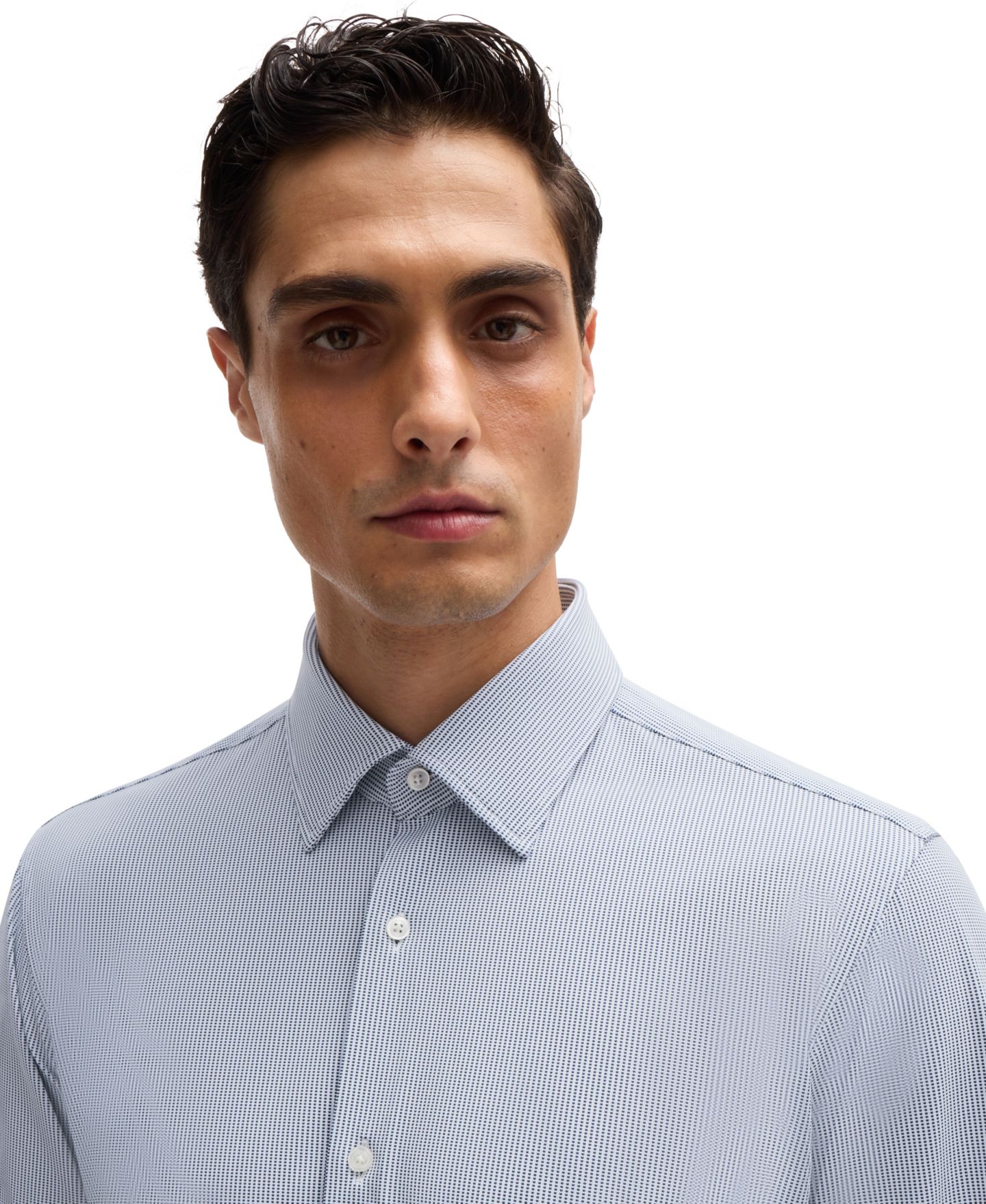 Мужская рубашка Hugo Boss Structured Performance-Stretch Fabric Regular-Fit Dress Shirt, цвет: Тёмный синий — фото 3