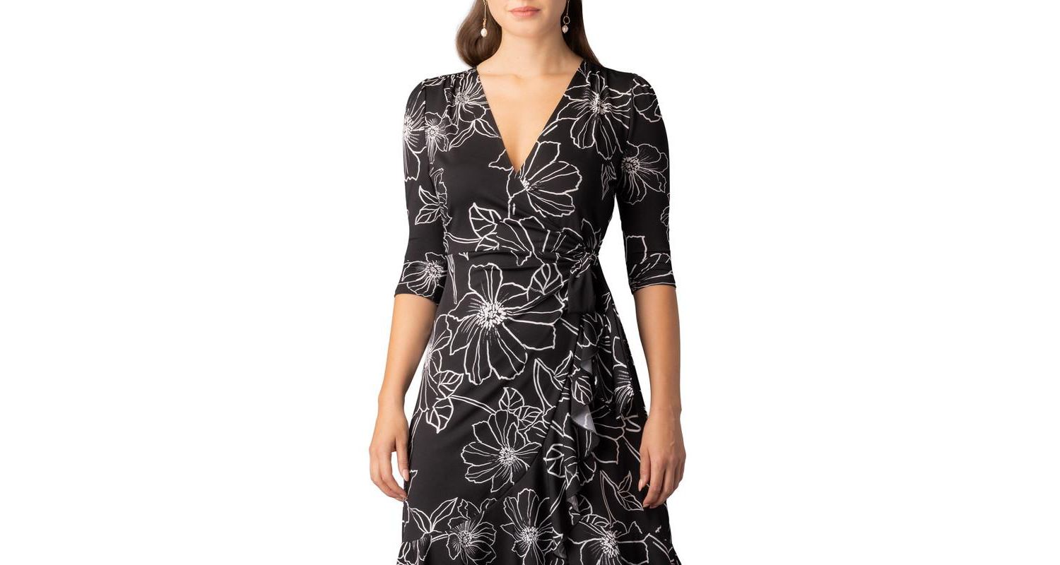 Women's Flirty Flounce Midi Wrap Dress with 3/4 Sleeves