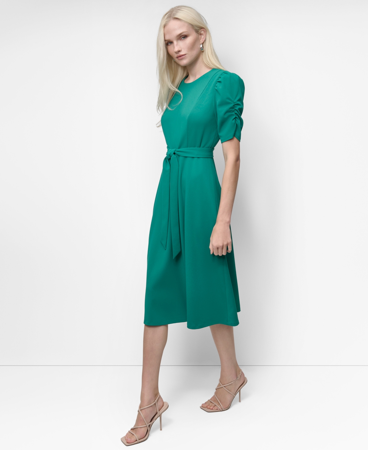 Dkny Women's Short Sleeve Scuba Crepe Belted Fit And Flare Midi Dress In Green