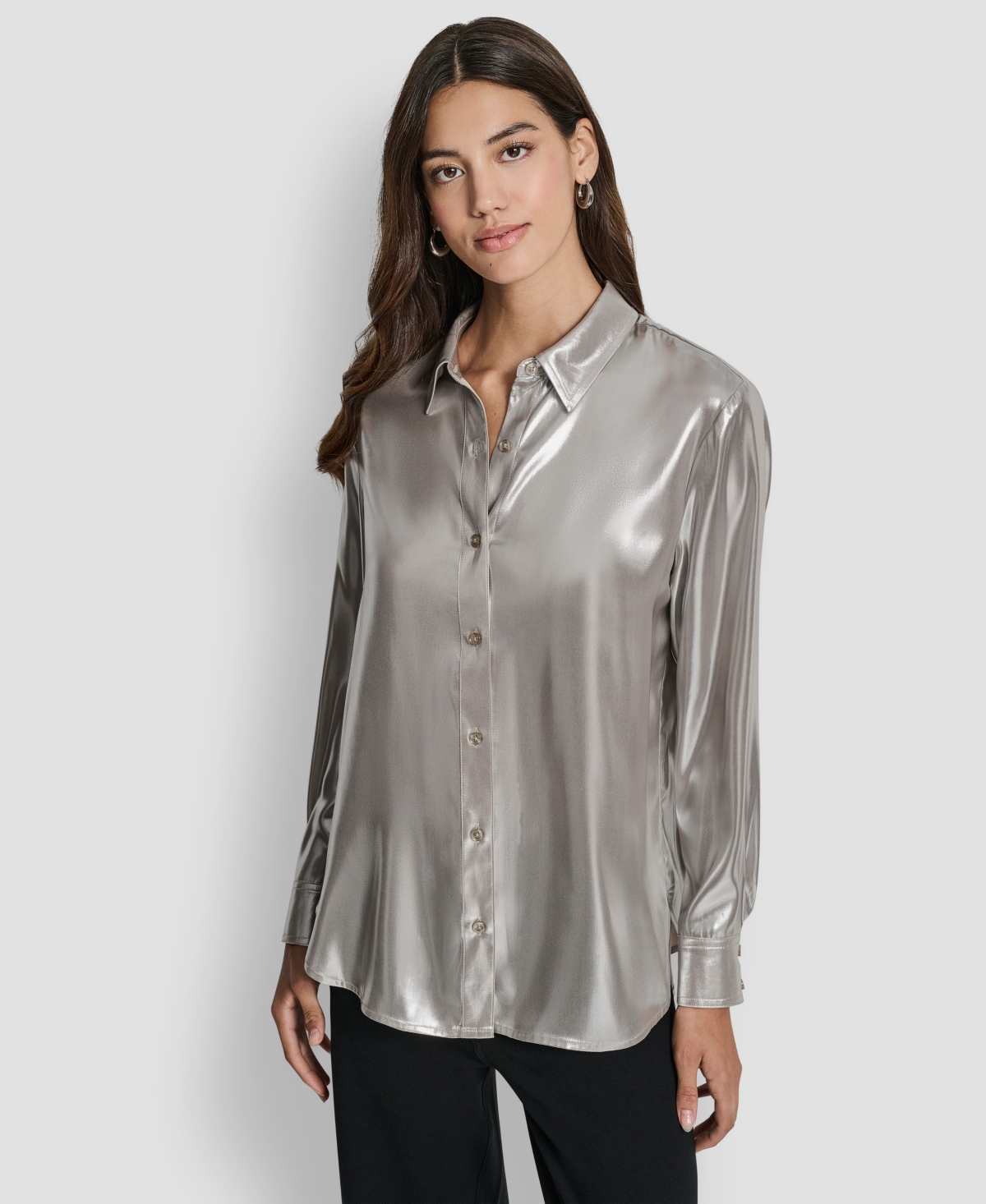 Dkny Jeans Petite Classic-Fit Button Front Long-Sleeve Blouse
