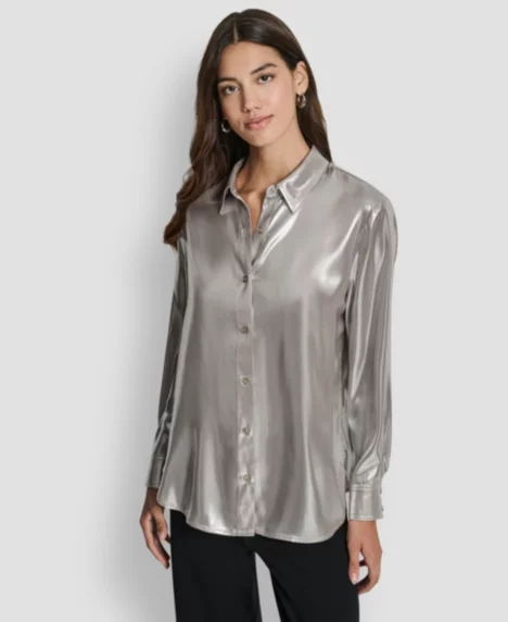 Petite Classic-Fit Button Front Long-Sleeve Blouse - Metallic Zinc